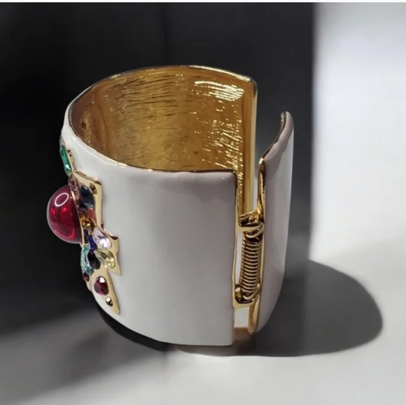 Luxury 18k Gold Plated Maltese Cross Jeweled Enamel Cuff Bracelet - Picture 3 of 5